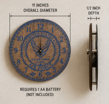 Wall clock with U.S. Air Force emblem and dimensions on a beige background
