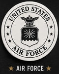 United States Air Force logo on a circular badge with stars around it.