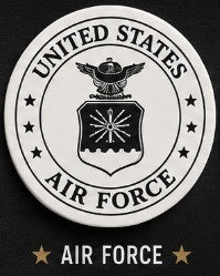United States Air Force logo on a circular badge with stars around it.