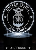 United States Air Force emblem on a circular light-up sign with stars around it.