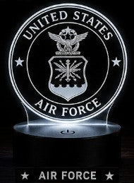 United States Air Force emblem on a circular light-up sign with stars around it.
