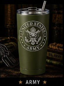 Green tumbler with U.S. Army logo on a wooden surface