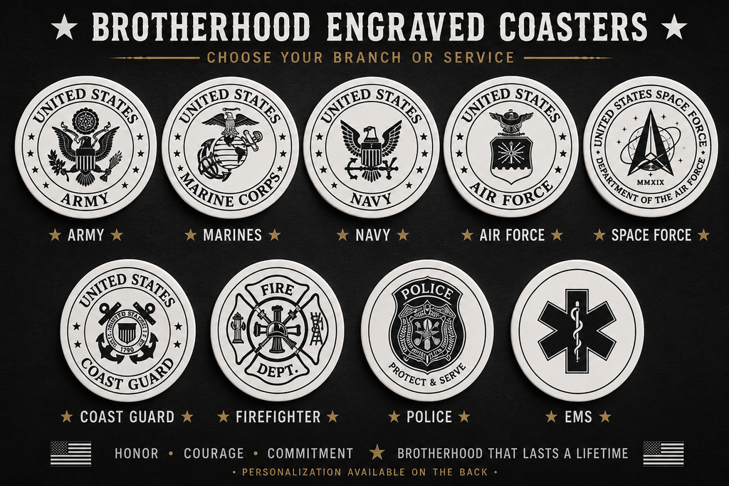 Collection of engraved coasters with various U.S. military branches on a black background.