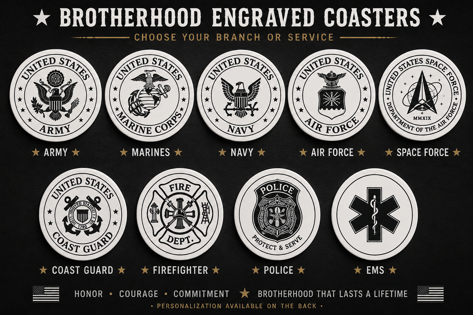 Collection of engraved coasters with various U.S. military branches on a black background.