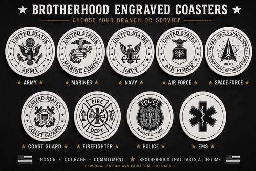 Collection of engraved coasters with various U.S. military branches on a black background.