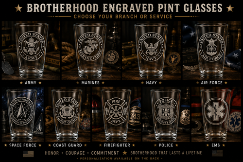 Collection of engraved pint glasses for various branches of the U.S. military and emergency services on a wooden surface.