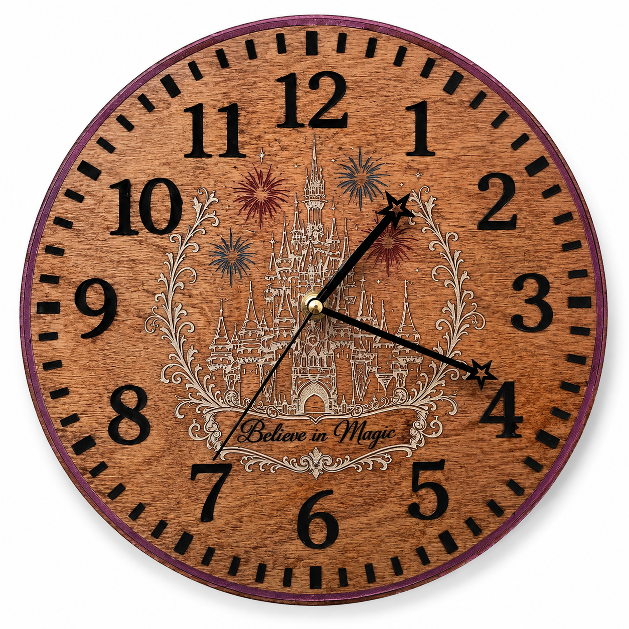 Wooden clock with castle design and 'Believe in Magic' text on a white background