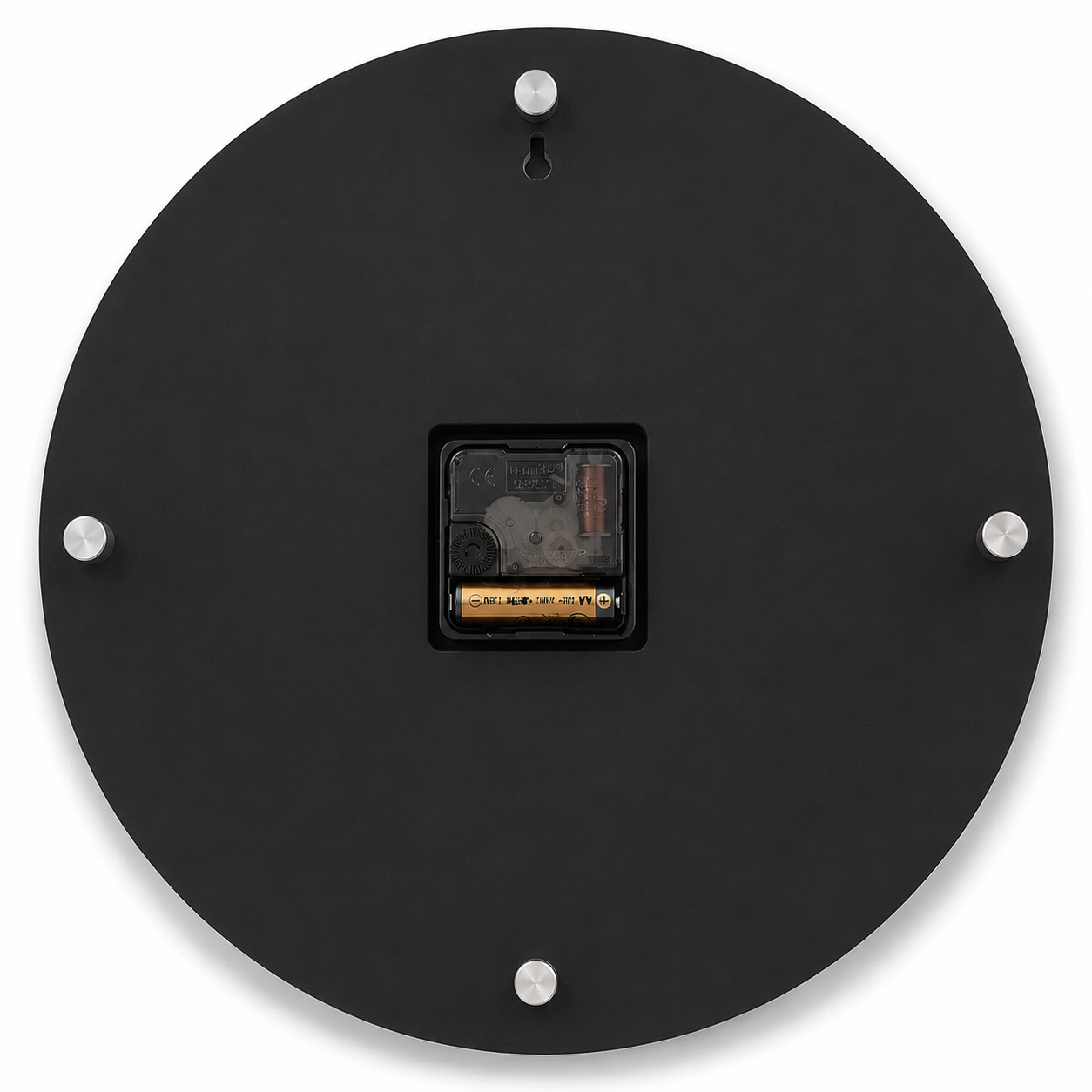 Black circular object with a small electronic component on a white background