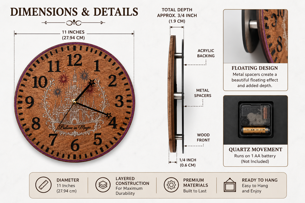 Wooden wall clock with detailed dimensions and features on a beige background