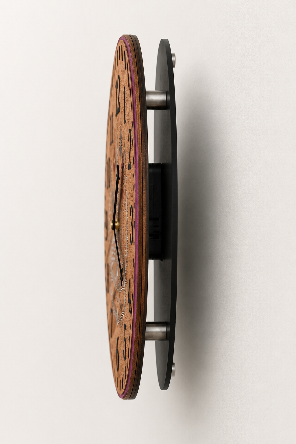 Wooden wall clock with a red border on a white background
