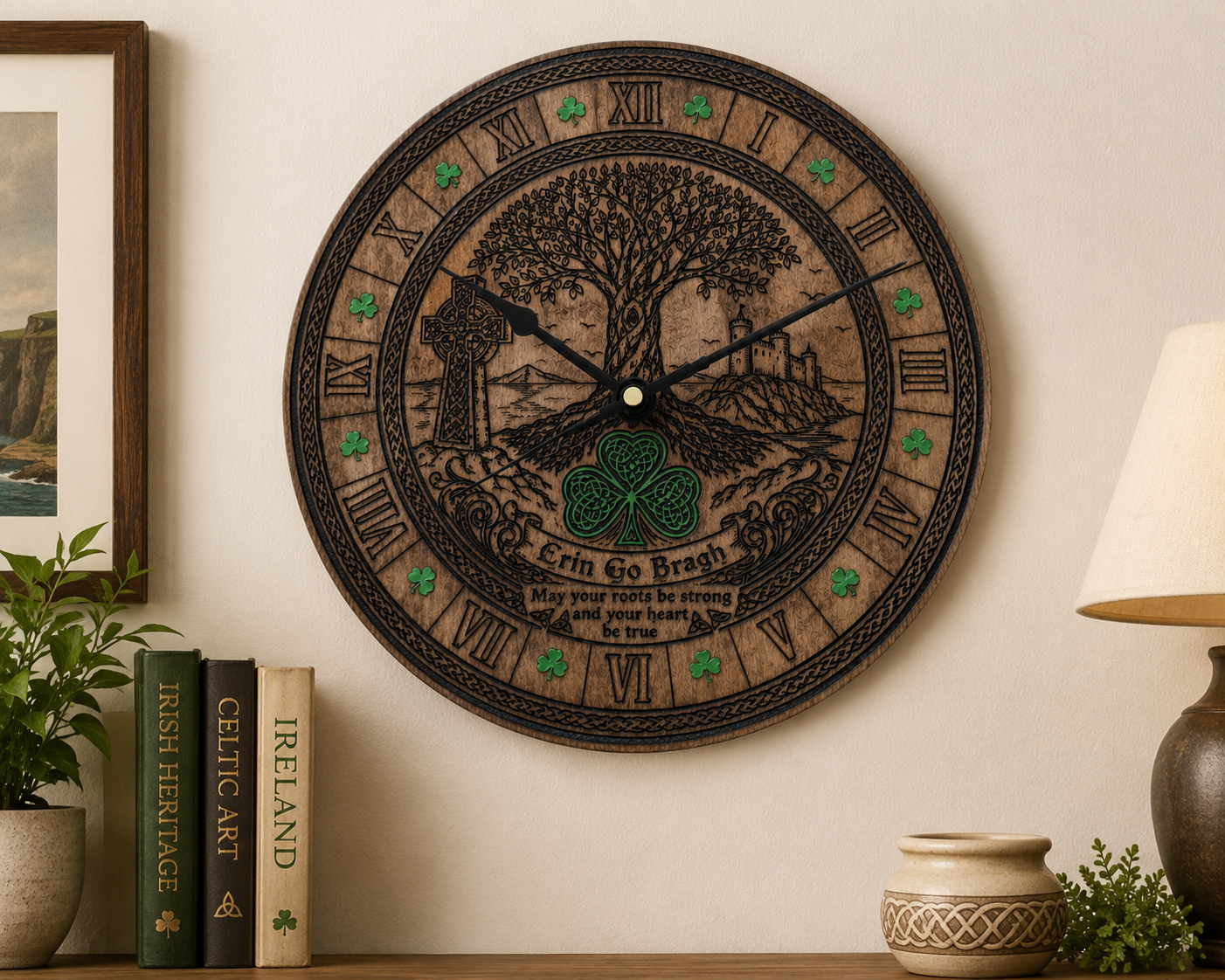 A large round wall clock with a Celtic design, featuring a tree of life, Roman numerals, green shamrocks, and the text 'Erin Go Brash' on a beige wall above a shelf with books and a lamp.