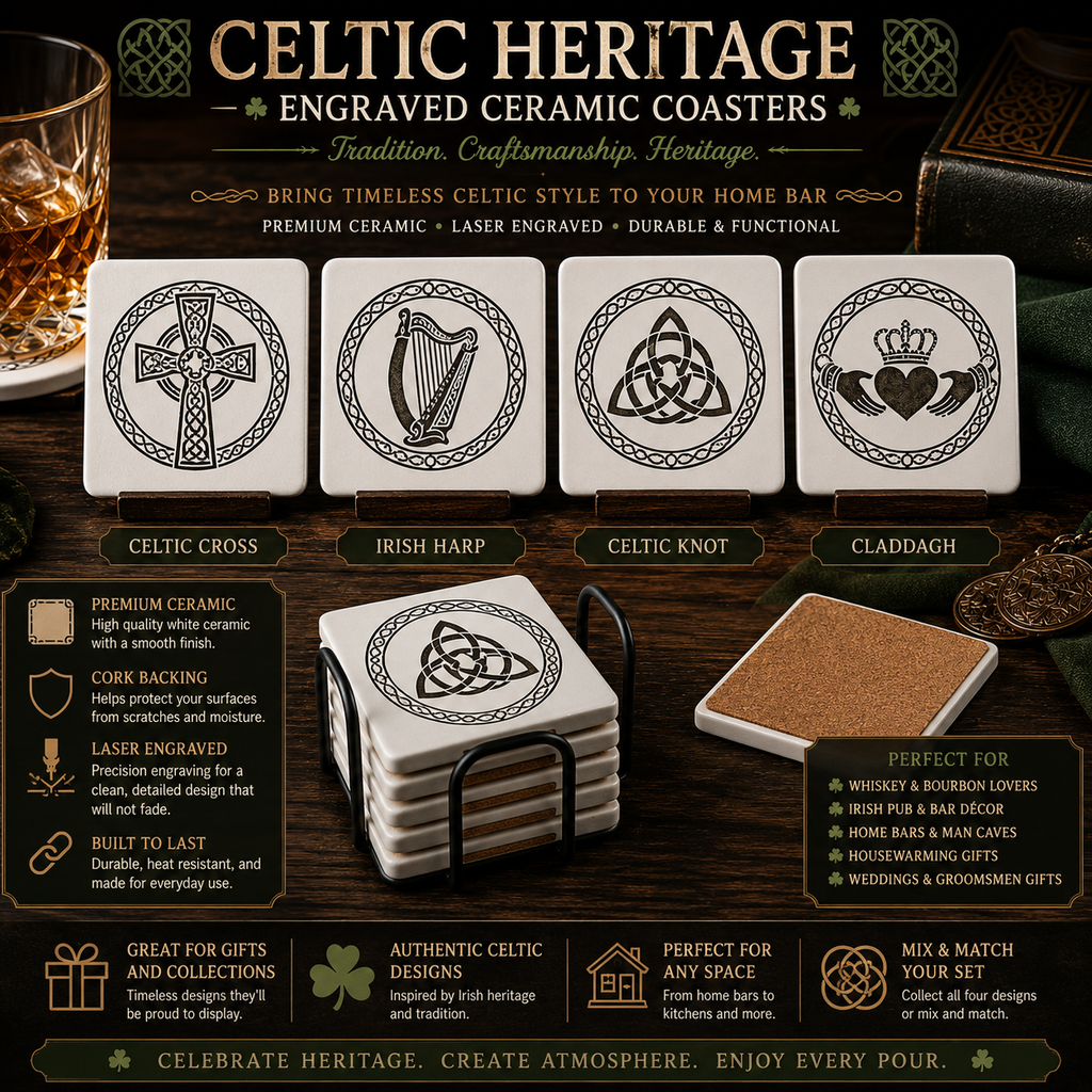 Celtic Heritage engraved ceramic coasters with various designs on a wooden surface.