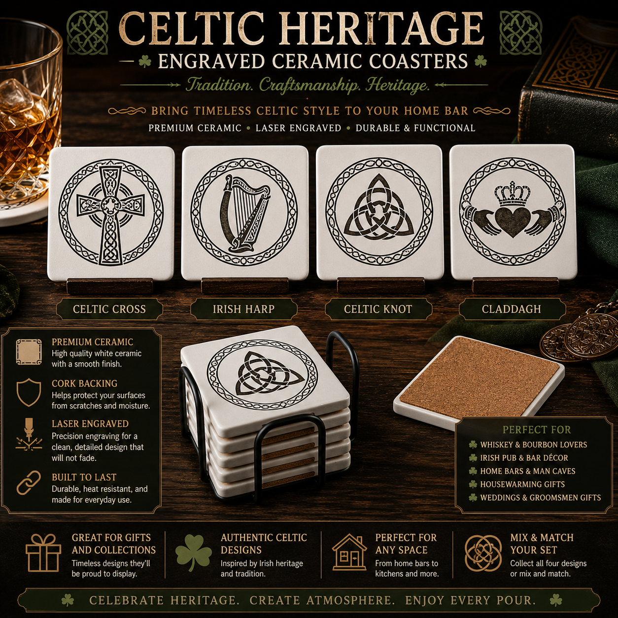 Celtic Heritage engraved ceramic coasters with various designs on a wooden surface.