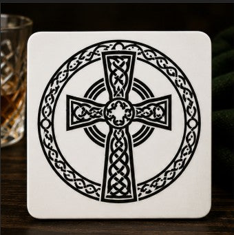 Celtic cross design on a white coaster with a dark background