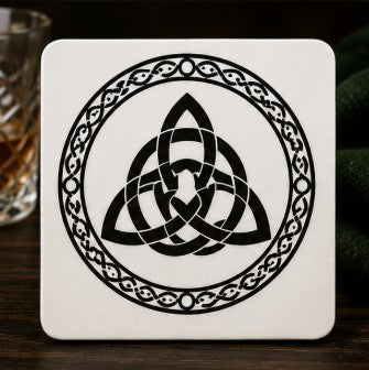 Celtic knot design on a white coaster with a glass of whiskey in the background.