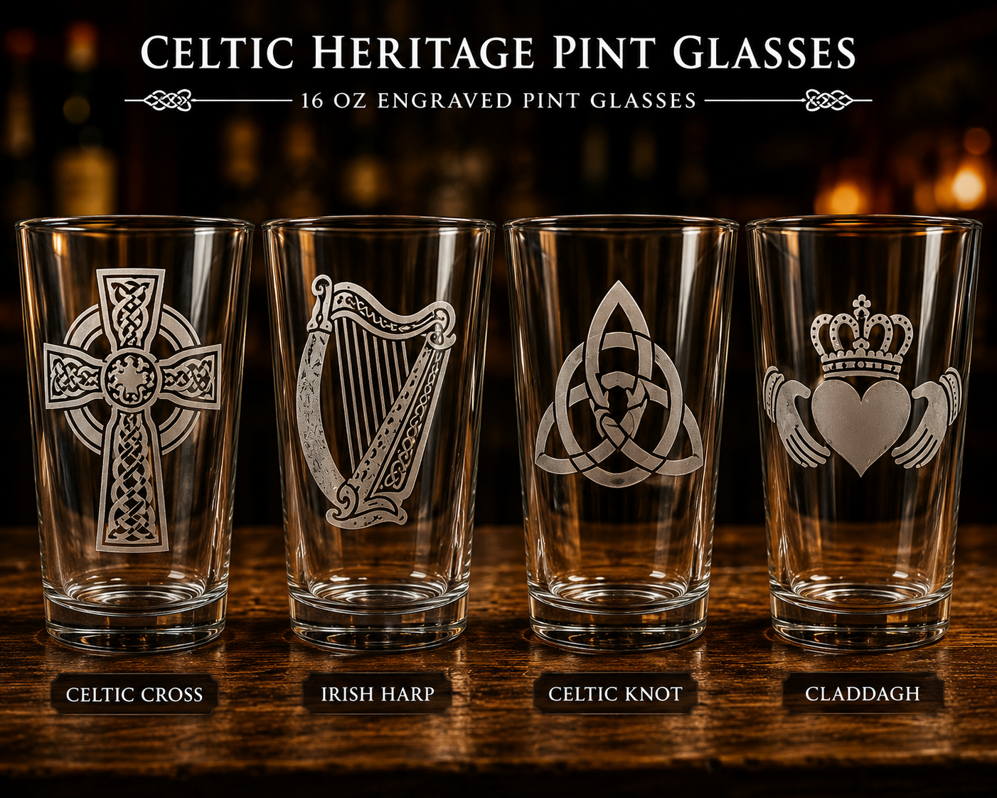 Four Celtic Heritage pint glasses with engraved designs on a wooden surface.