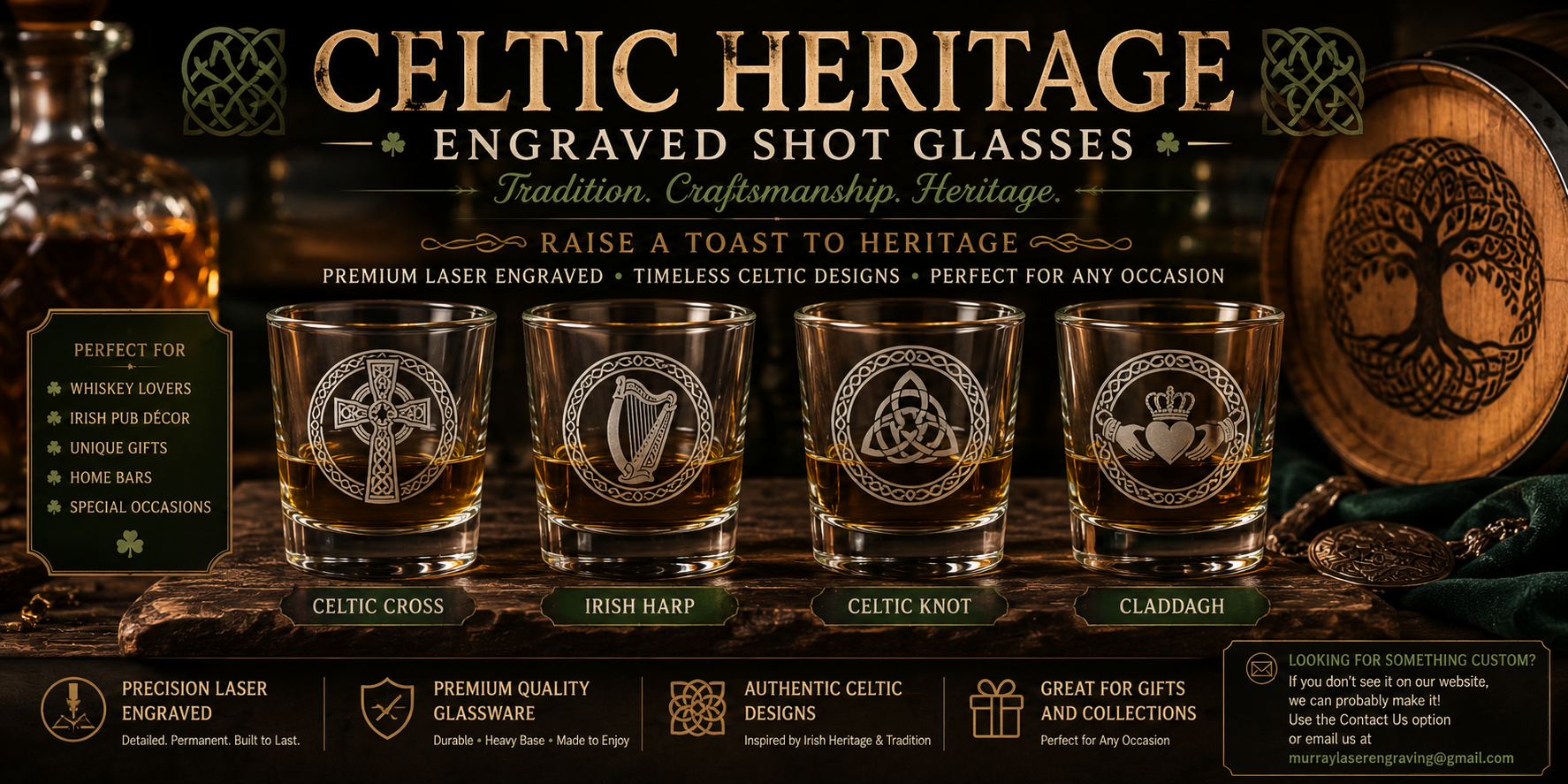 Celtic Heritage engraved shot glasses with various designs on a wooden surface.