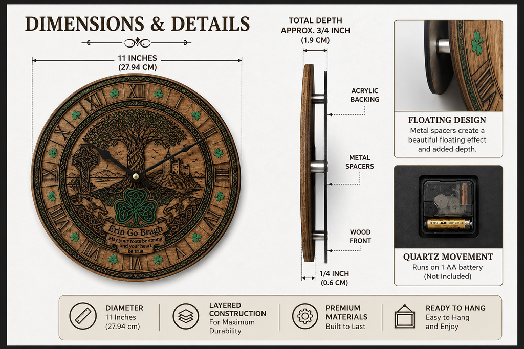 A product information graphic titled 'DIMENSIONS & DETAILS' showing a round wooden wall clock with a zodiac zebra design. The graphic includes labeled dimensions (11 inches diameter, approx.