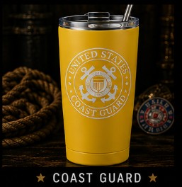 Yellow tumbler with Coast Guard logo on a dark background
