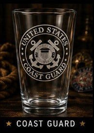 Clear glass with U.S. Coast Guard emblem on a dark background