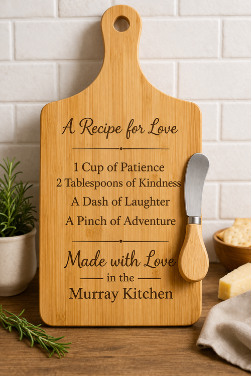 Wooden cutting board with engraved text on a kitchen counter