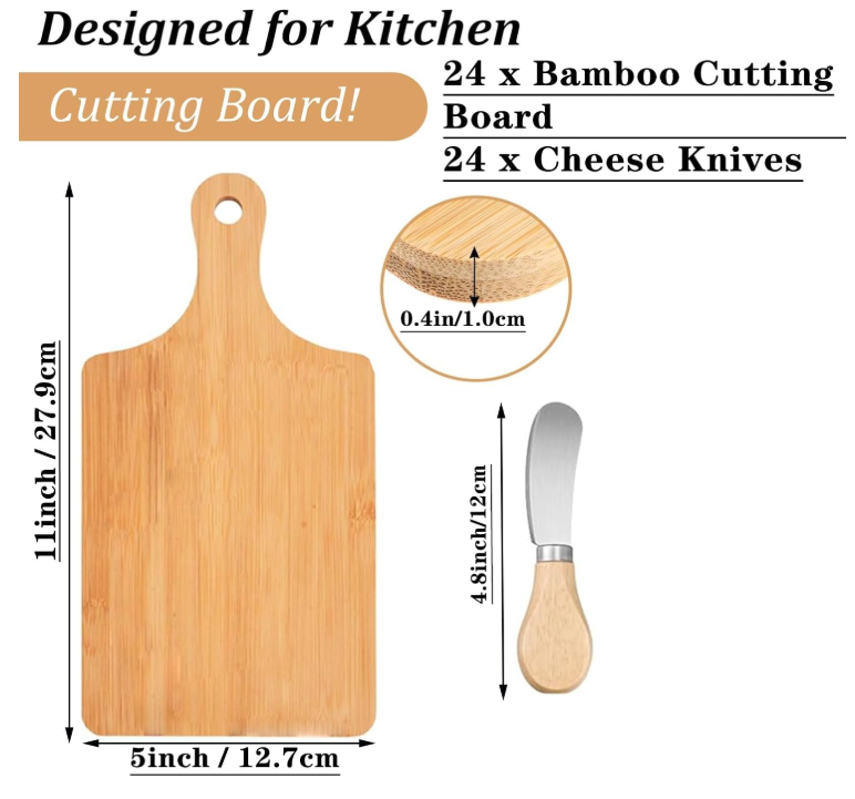 Bamboo cutting board with cheese knives and measurements on a white background