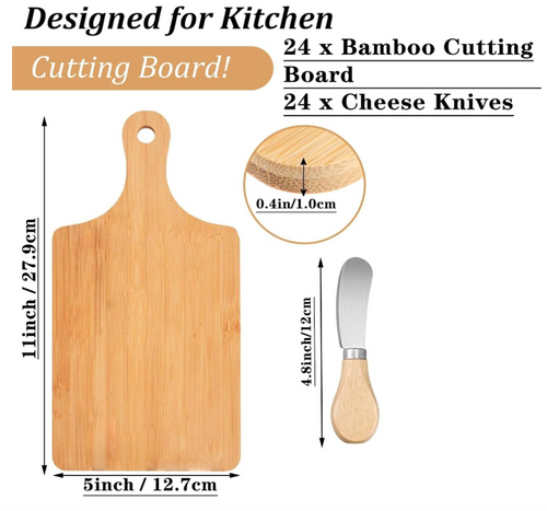 Bamboo cutting board with cheese knives and measurements on a white background
