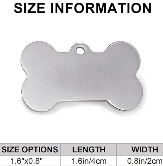 Metallic bone-shaped tag with size information on a white background