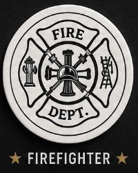 Fire department emblem with 'Firefighter' text below on a black background