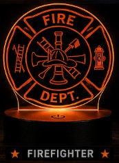 Firefighter-themed LED lamp with 'Fire Dept.' text on a black background