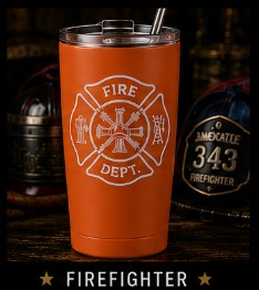 Orange tumbler with a fire department logo on a wooden surface.