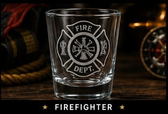 Firefighter-themed shot glass with a Maltese cross design on a wooden surface.