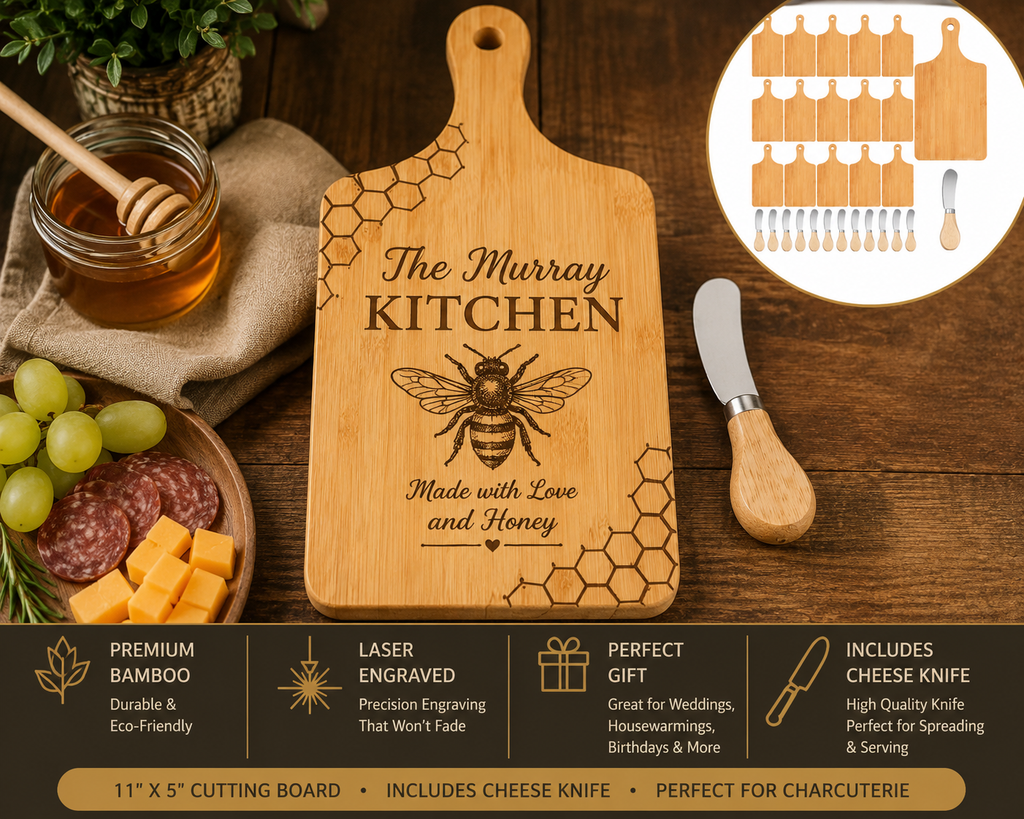 Wooden cutting board with bee design and honeycomb patterns, accompanied by a cheese knife on a wooden surface.