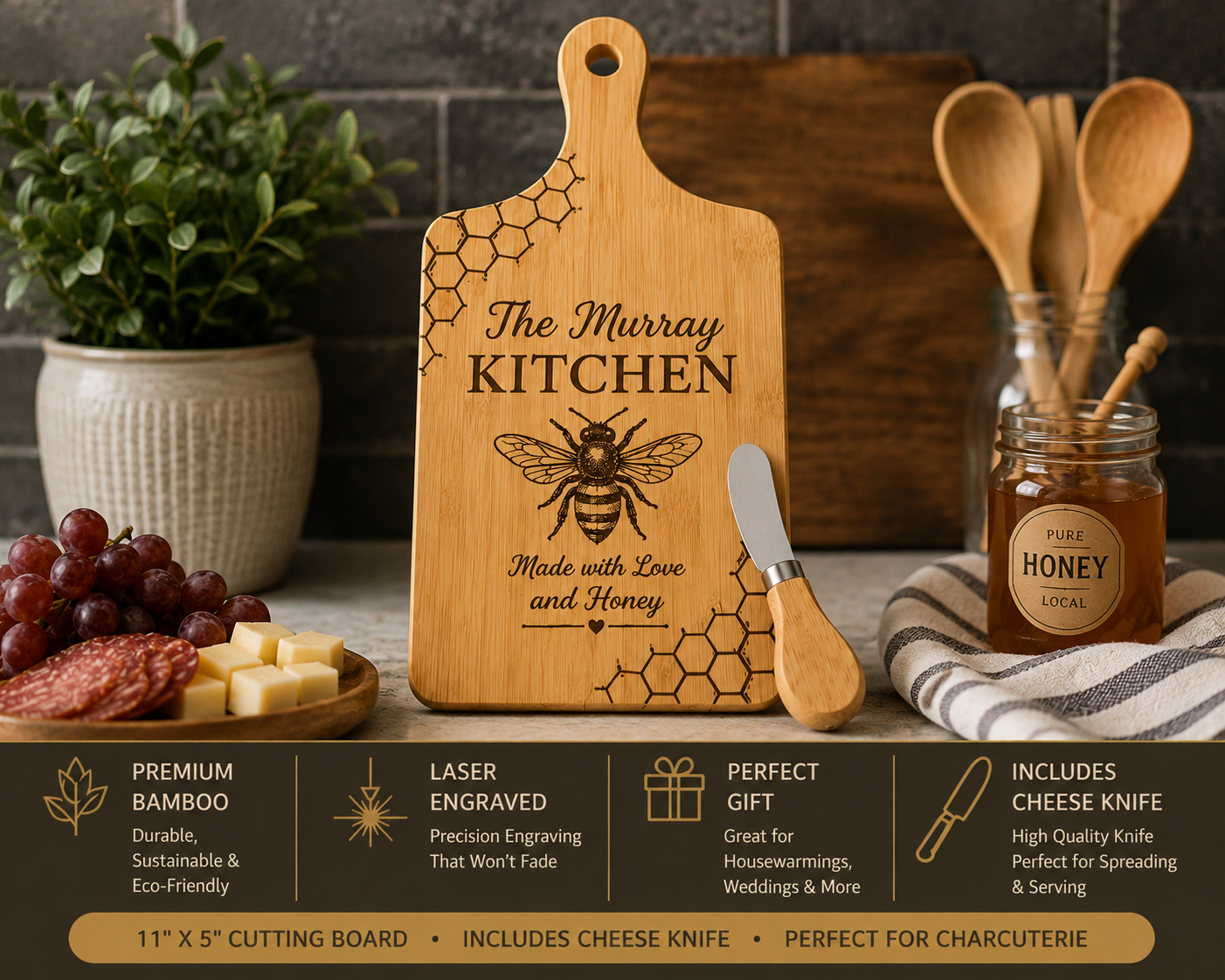 Wooden cutting board with bee design and text in a kitchen setting