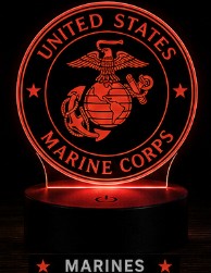 United States Marine Corps logo illuminated in red on a dark background