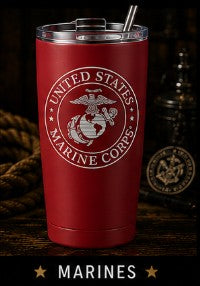 Red tumbler with U.S. Marine Corps logo on a wooden surface