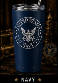 Navy blue tumbler with US Navy logo on a wooden background