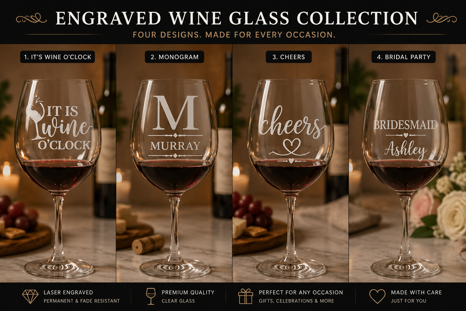 Engraved wine glasses with various designs on a wooden table with candles and grapes.