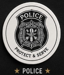 Circular badge with police emblem and text 'POLICE PROTECT & SERVE' on a black background