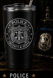 Black tumbler with police emblem and text 'POLICE PROTECT & SERVE' on a dark background.