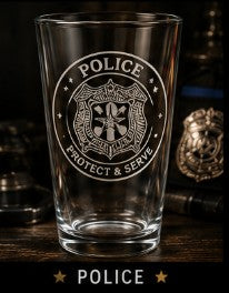 Clear glass with police emblem and text on a wooden surface