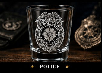 Clear glass shot glass with police emblem on a wooden surface