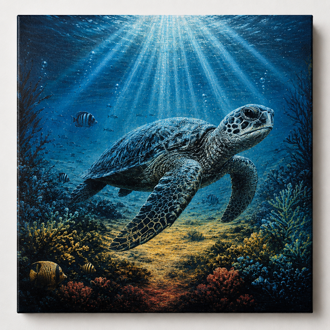Sea Turtle Reef Canvas Art featuring a handcrafted laser engraved 10x10 stretched canvas with a graceful sea turtle swimming above a vibrant coral reef beneath sunlit ocean waters.