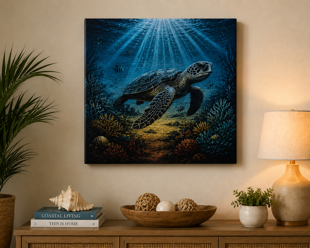 Sea Turtle Reef Canvas Art displayed in a coastal-inspired living room above a console table, showcasing a handcrafted laser engraved canvas in a relaxing home décor setting.
