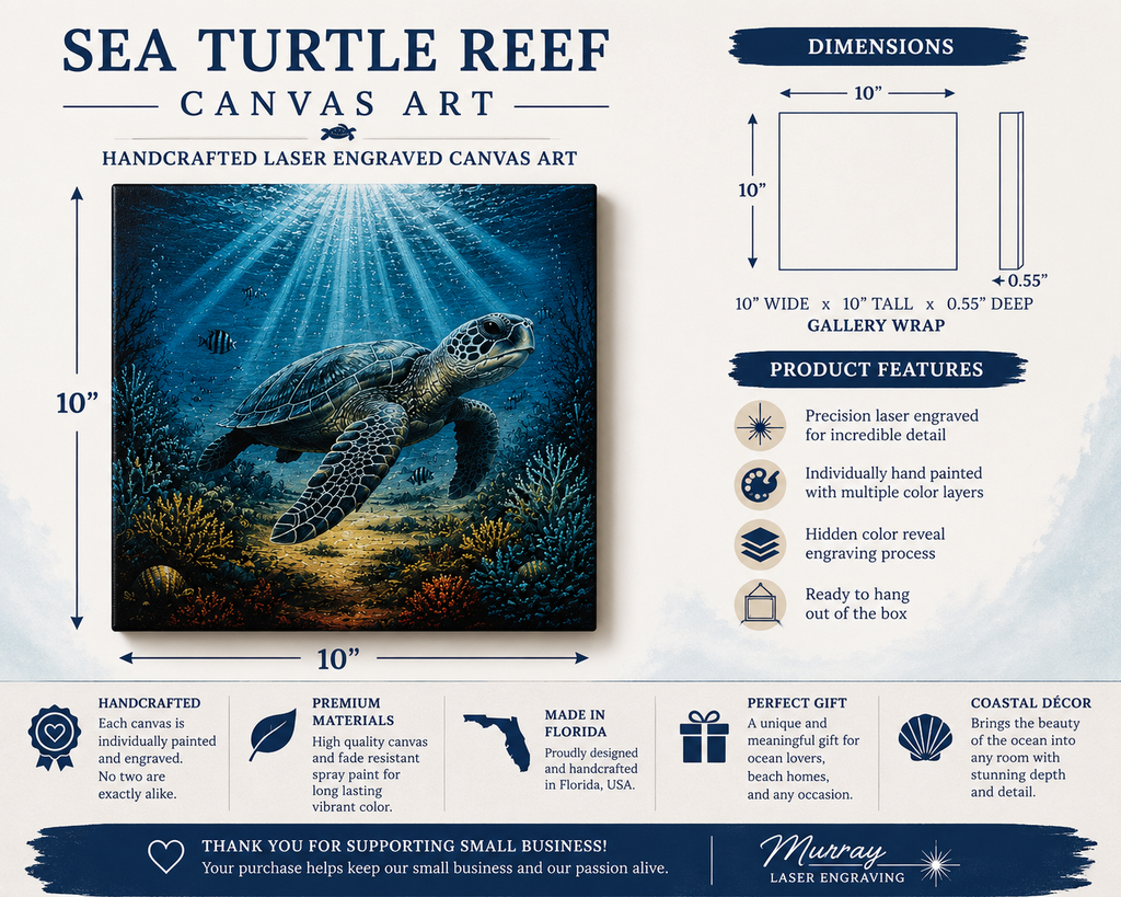 Sea Turtle Reef Canvas Art dimensions infographic showing a 10x10 handcrafted laser engraved stretched canvas with 0.55-inch gallery wrapped depth, hidden color reveal process, ready-to-hang design, and handcrafted features.