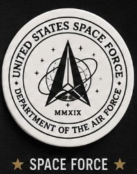 Space Force logo with text 'United States Space Force, Department of the Air Force, MMXIX, Space Force' on a black background.