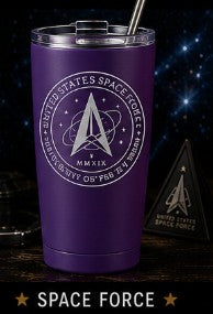 Purple tumbler with Space Force logo against a space-themed background