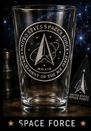 Clear glass with 'United States Space Force' logo and text on a dark background