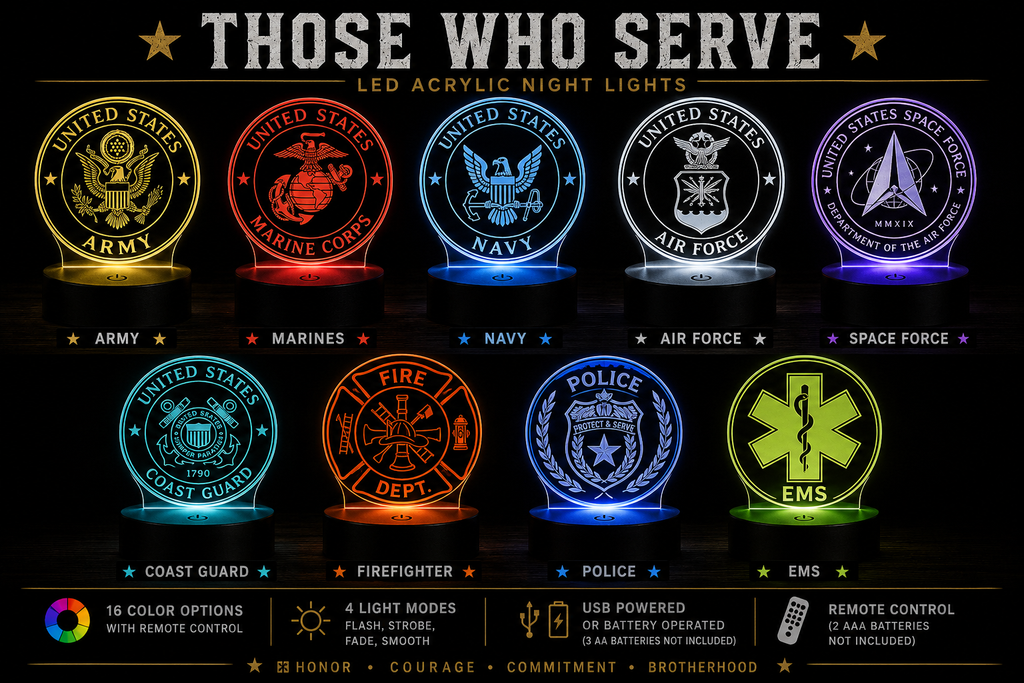 LED acrylic night lights for various U.S. military branches on a black background.