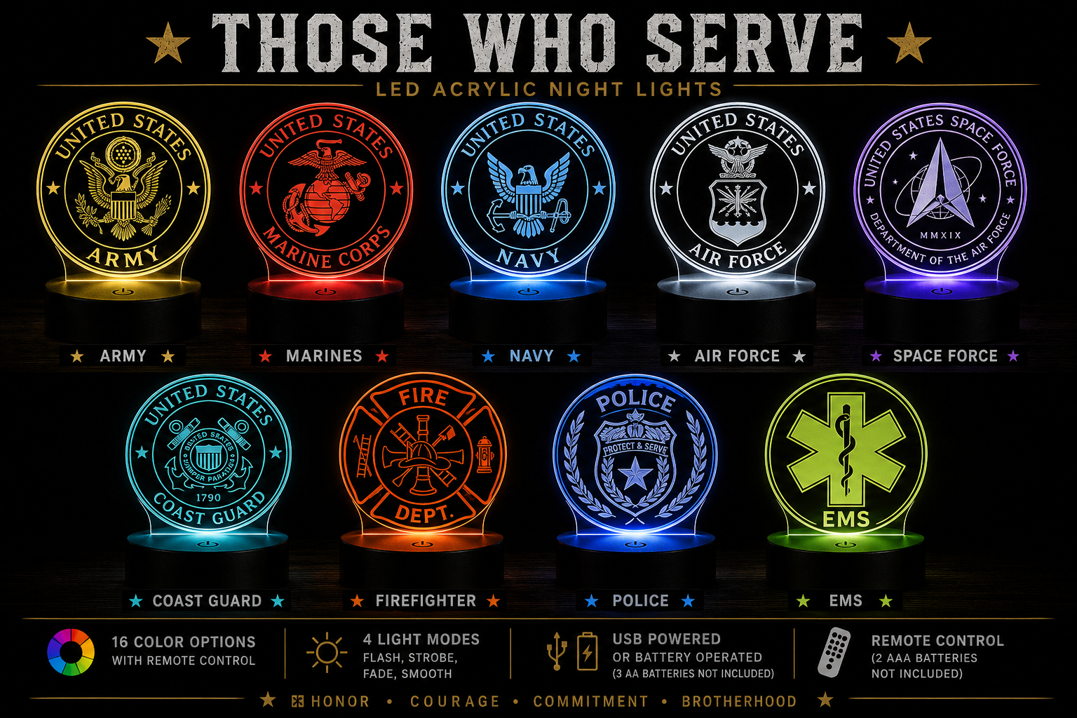 LED acrylic night lights for various U.S. military branches on a black background.